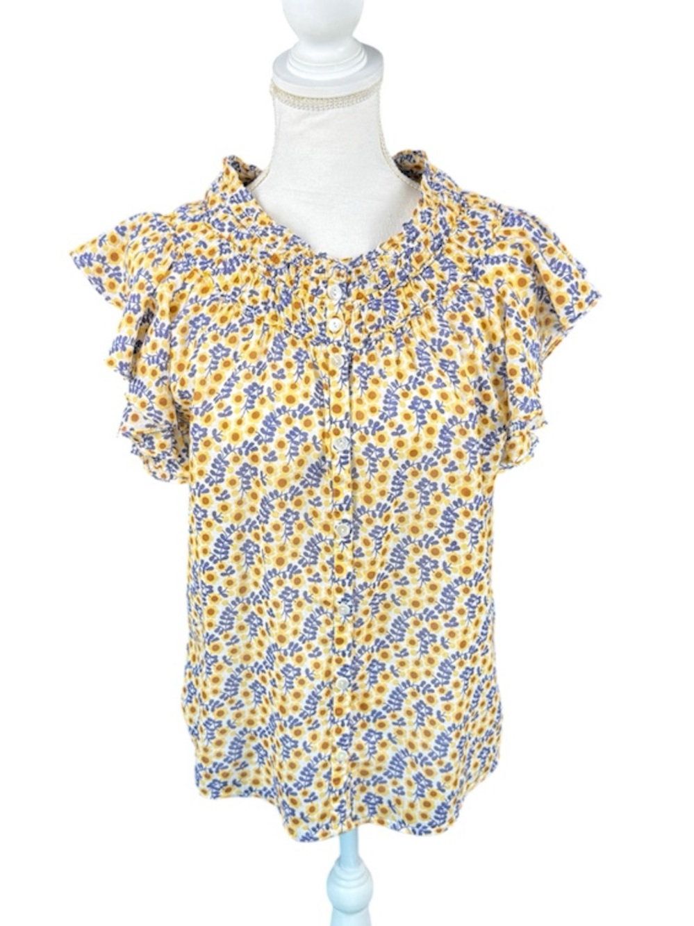 Ivy Jane Sun Daisy Top in Navy & Yellow Ruffle Sleeves Button Up Size Medium